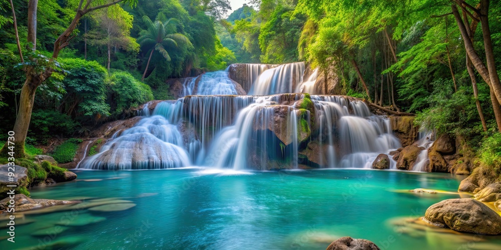 Beautiful waterfall in Thailand with clear blue water flowing over rocks surrounded by lush greenery, waterfall Beautiful waterfall in Thailand with clear blue water flowing over rocks surrounded by lush greenery, waterfall