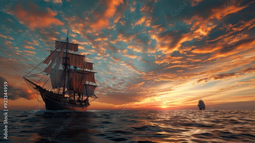 Majestic sailing ship gliding over calm waters under a dramatic, cloud-speckled sunset sky, evoking a sense of timeless adventure. Majestic sailing ship gliding over calm waters under a dramatic, cloud-speckled sunset sky, evoking a sense of timeless adventure.