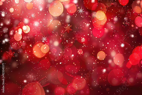 Christmas banner with snowflakes and bokeh lights in red Background. Winter card with falling snow, crystallic white snowflake on red background. Magical heavy snowflakes backdrop. Sky snowfall banner