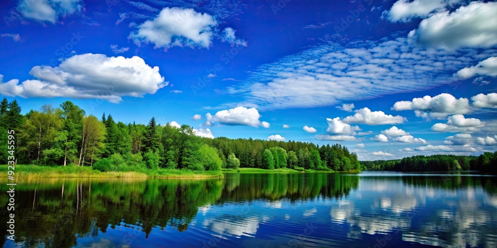 Fototapeta premium Summer landscape with serene lake surrounded by lush green forest under a clear blue sky with fluffy clouds, summer, landscape
