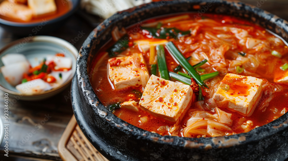 a spicy kimchi stew, with chunks of tofu, pork, and vegetables, bubbling in a traditional stone pot, accompanied by small side dishes on a wooden table a spicy kimchi stew, with chunks of tofu, pork, and vegetables, bubbling in a traditional stone pot, accompanied by small side dishes on a wooden table