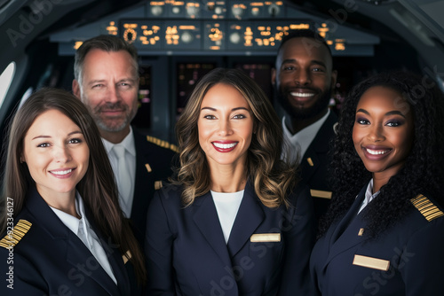 Diverse flight crew in aircraft cockpit, multicultural airline team at work