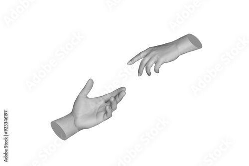 Male and female statue's hands reaching toward each other extending a helping hand isolated on a white background. Handover. 3d creative trendy collage. Contemporary art. Modern design