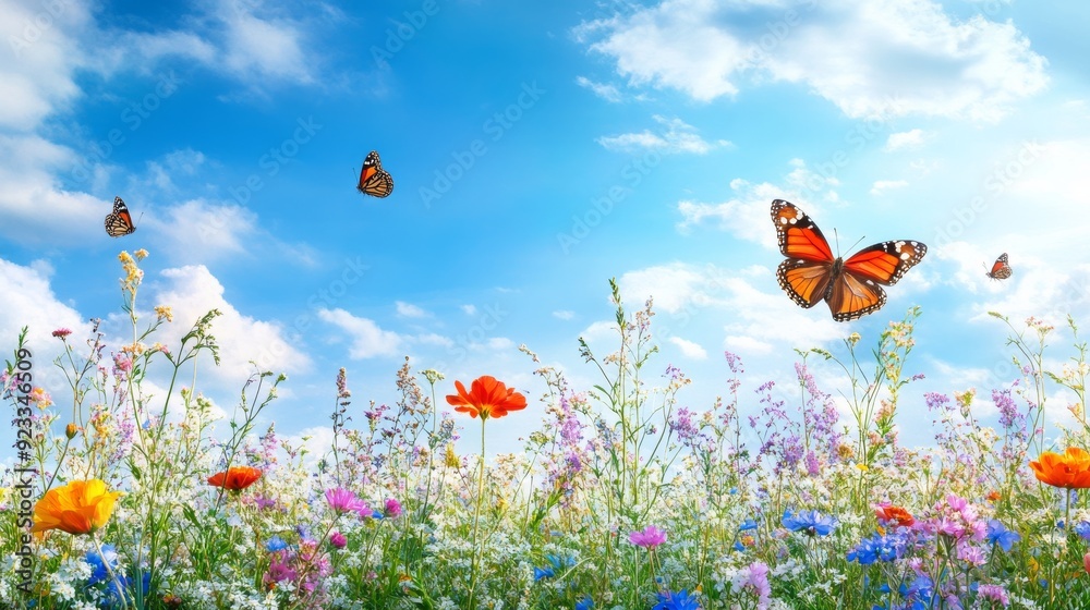 Beautiful meadow with colorful wild flowers and butterflies against a blue sky background Beautiful meadow with colorful wild flowers and butterflies against a blue sky background