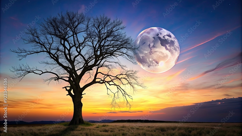 Fototapeta premium Dead tree silhouetted against the dawn sky with a full moon , dead tree, dawn, environment, nature, silhouette, moon, sky, night