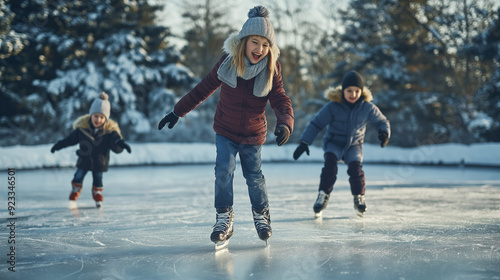 Children ice skating on a frozen outdoor rink surrounded by snowy trees, enjoying a winter day of fun and play photo