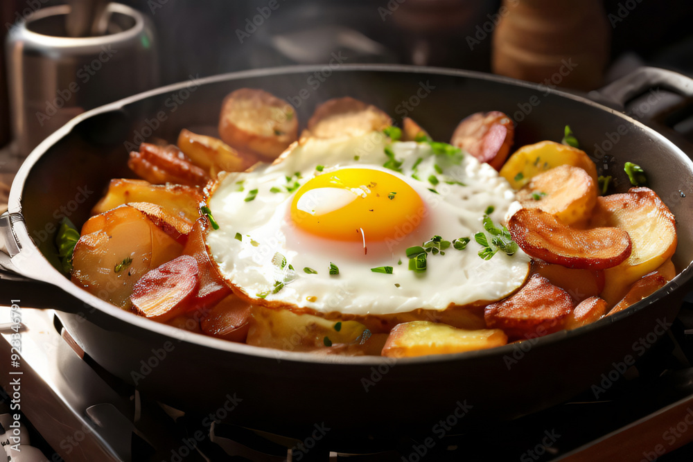 Bratkartoffeln und Spiegelei mit Schinken in der Pfanne