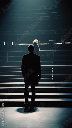 Silhouette of a person in a spotlight in hall walking towards the gallery Generative AI