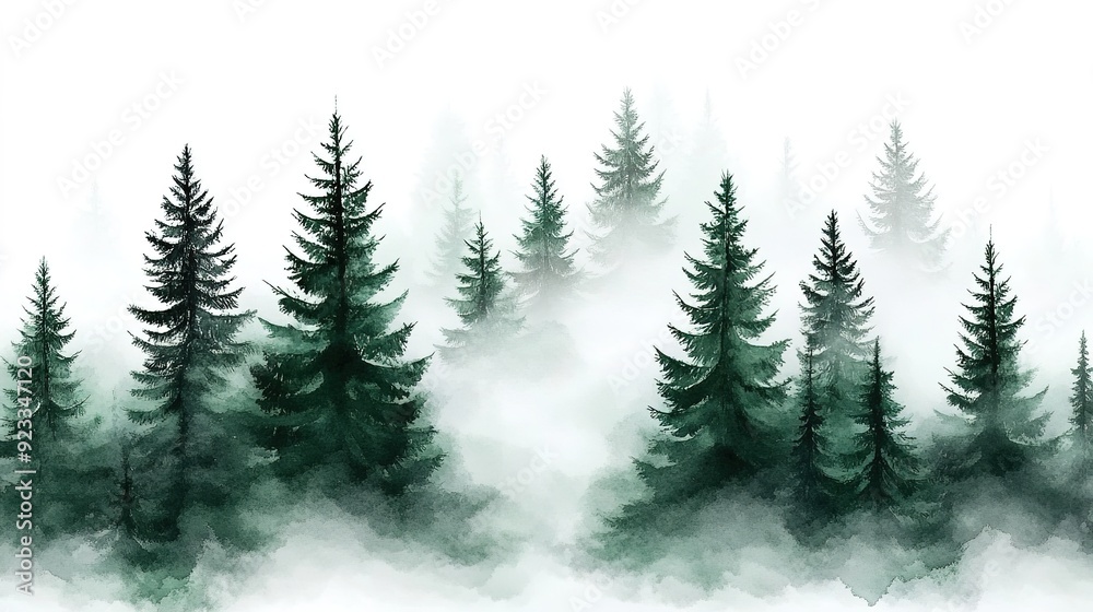 Obraz premium Watercolor Wash of Cool Greens and Soft Grays: Ethereal Misty Forest Scene