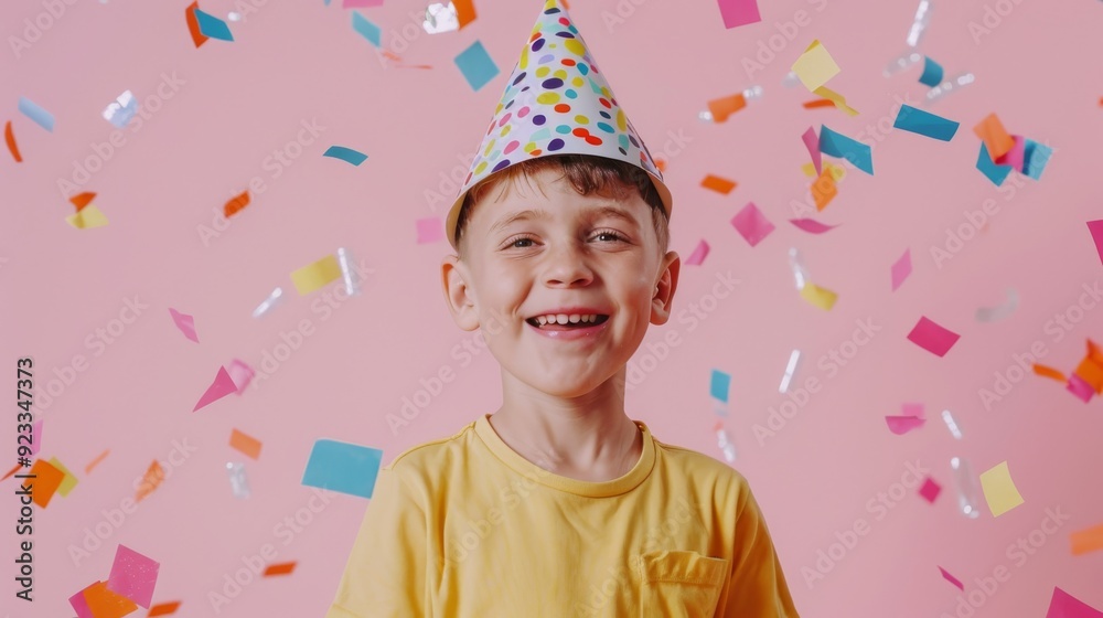 A smiling child wearing a party hat, surrounded by confetti against a pink background, embodying sheer joy and celebration.