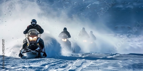 High-energy shot of snowmobiles racing across a snowy landscape, with snow spray and rugged terrain.