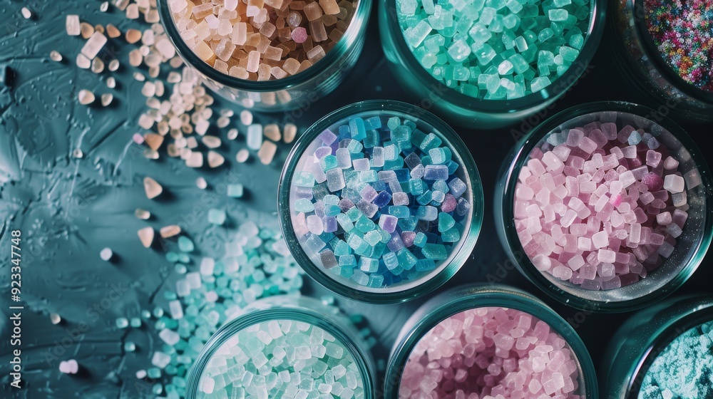 A top view of various colorful bath salts in round glass containers scattered artistically over a textured dark surface, creating a soothing, spa-like ambiance. A top view of various colorful bath salts in round glass containers scattered artistically over a textured dark surface, creating a soothing, spa-like ambiance.