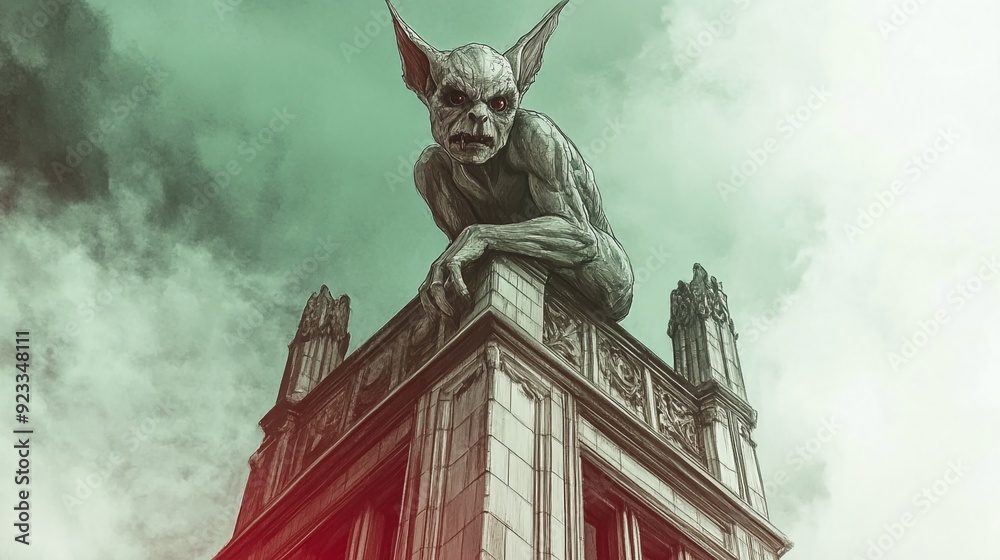 Fototapeta premium Sky-high Sentinel: A Gargoyle Perched on a Skyscraper