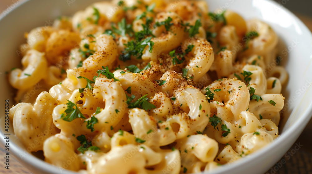 a vegan mac and cheese, made with a cashew-based sauce, served in a white bowl with a sprinkle of nutritional yeast and fresh parsley, on a wooden table a vegan mac and cheese, made with a cashew-based sauce, served in a white bowl with a sprinkle of nutritional yeast and fresh parsley, on a wooden table
