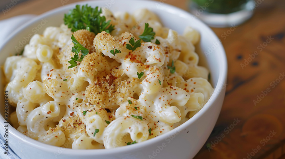 a vegan mac and cheese, made with a cashew-based sauce, served in a white bowl with a sprinkle of nutritional yeast and fresh parsley, on a wooden table