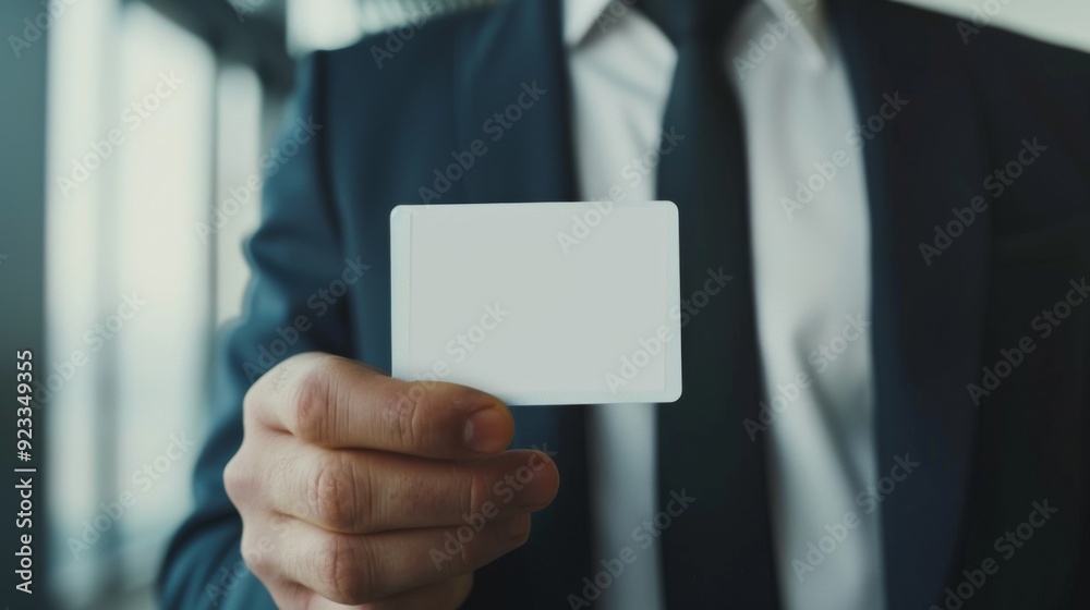 A person in a suit holds out a blank identification card towards the camera, suggesting professionalism, identity verification, or business introduction. A person in a suit holds out a blank identification card towards the camera, suggesting professionalism, identity verification, or business introduction.