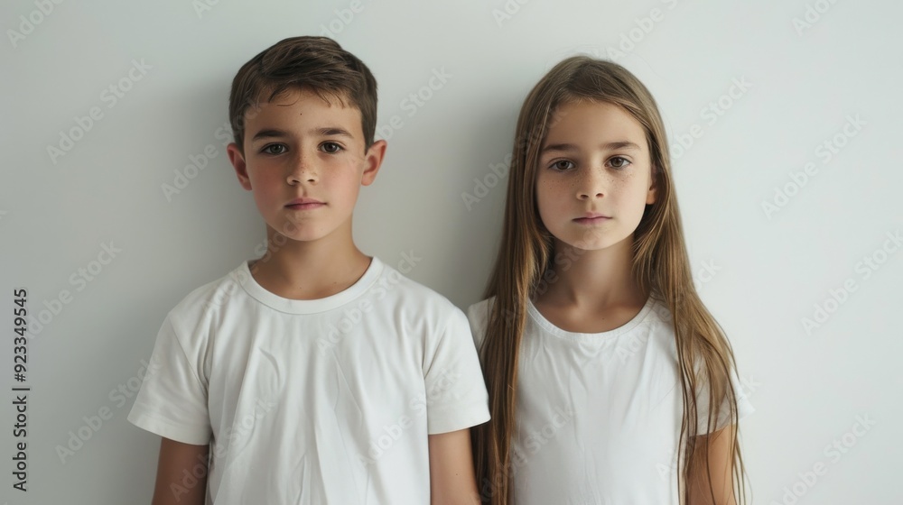 Two children, standing side by side against a plain white wall, wearing white shirts, conveying a sense of simplicity and childhood innocence. Two children, standing side by side against a plain white wall, wearing white shirts, conveying a sense of simplicity and childhood innocence.