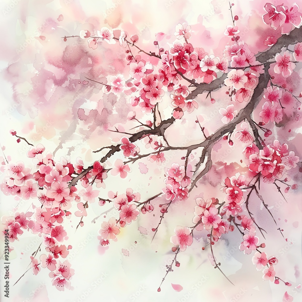 Fototapeta premium Delicate cherry blossoms in full bloom, painted in soft pastel hues capturing the essence of spring's beauty and tranquility.