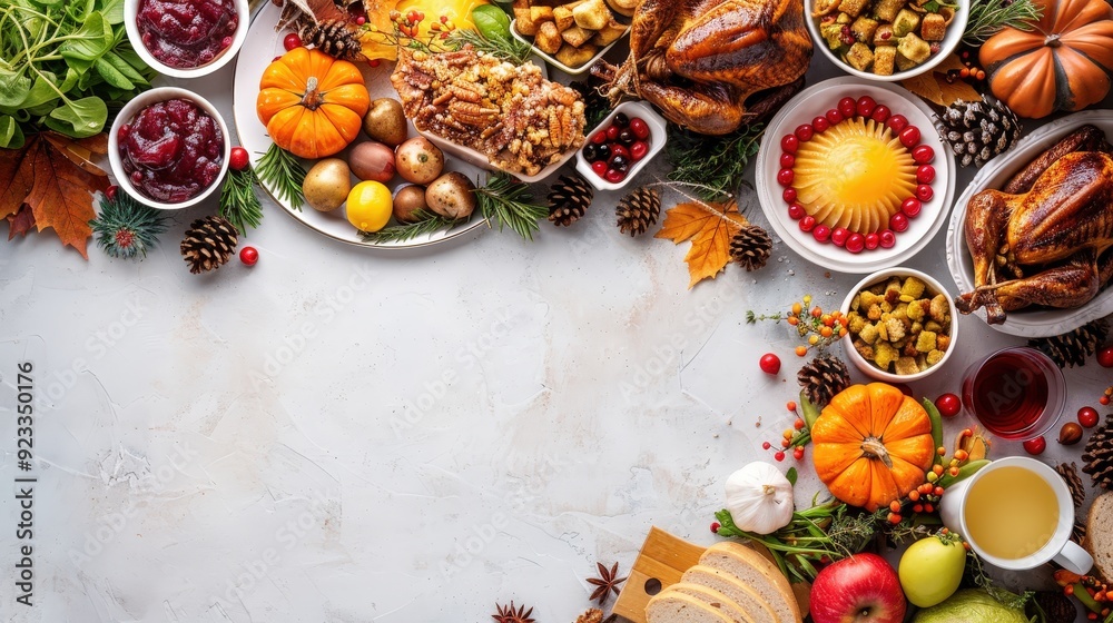Thanksgiving Dinner Food Flat Lay with Copy Space. Thanksgiving Dinner Food Flat Lay with Copy Space.