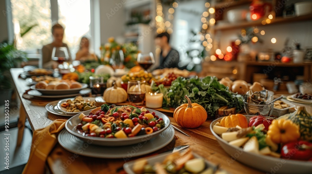 Festive Thanksgiving Table with Food and Pumpkins.