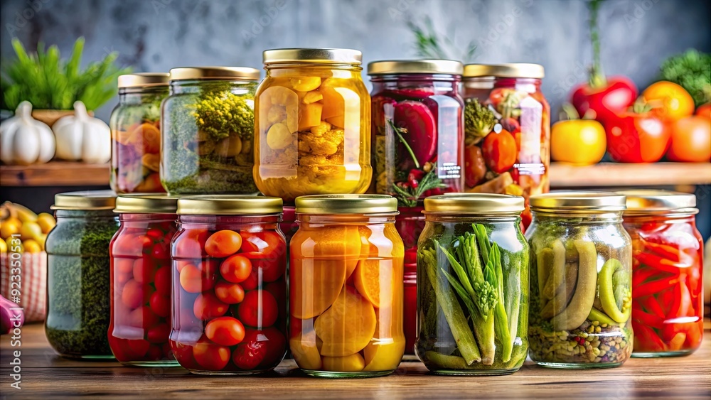 Glass jars filled with colorful preserved vegetables on a kitchen countertop, preserved, colorful, glass jars, vegetables