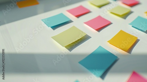 Brightly colored sticky notes are neatly arranged on a glass surface, creating a vibrant and organized workspace with natural light filtering through.