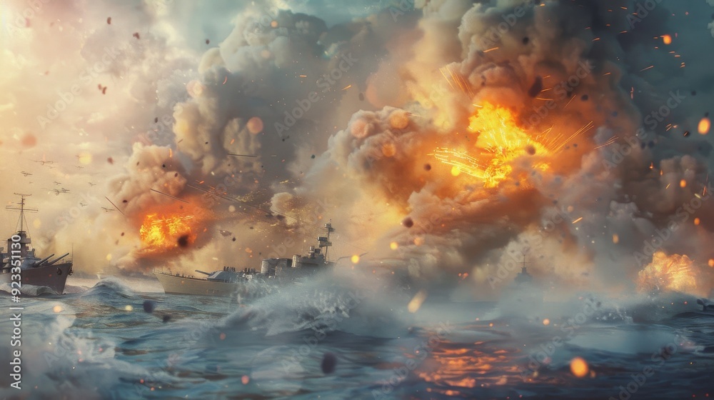 Massive explosions and intense naval warfare take place in a chaotic sea battle, with dark, smoky skies contrasting with the fiery blasts.
