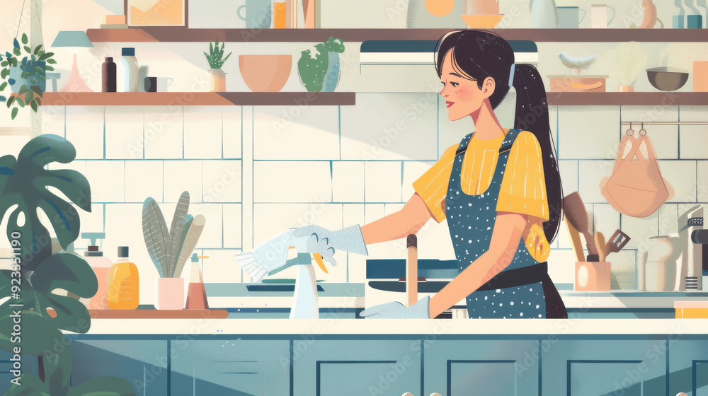 Asian girl working with a cleaning crew, wiping down surfaces and organizing a tidy home environment