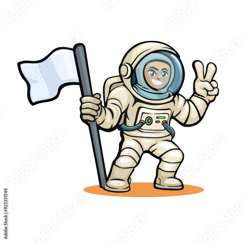 Astronaut Holding  Flag with Peace Gesture Cartoon Illustration Vector