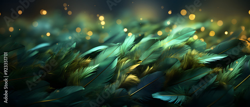 immersive vibrant army green feather star background with glitters, particles, line, wave, curve, curl 3d illustration