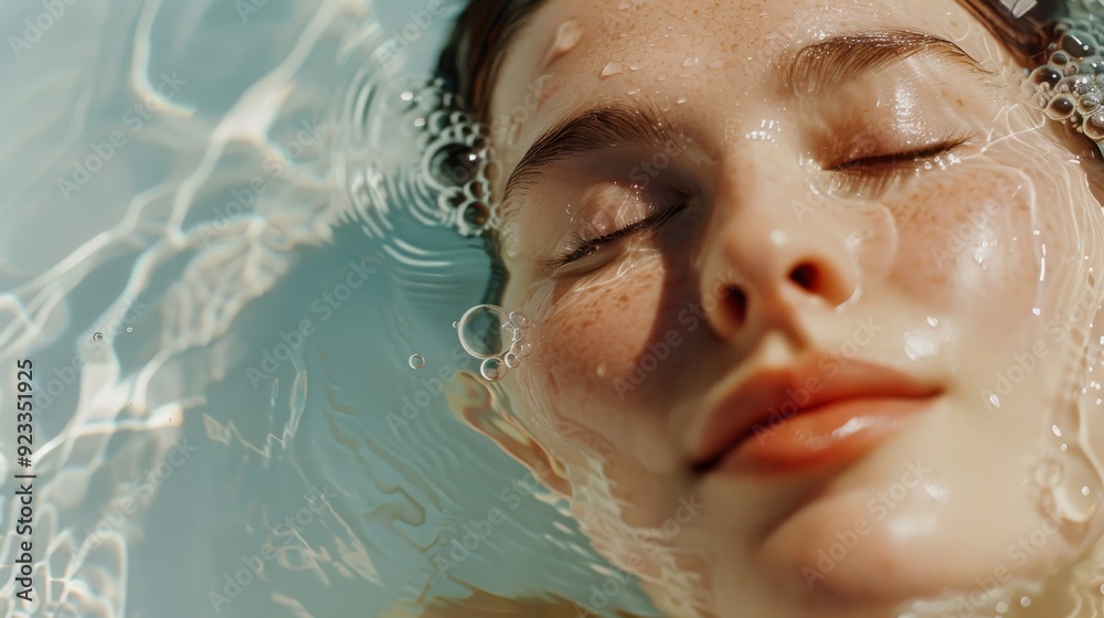 A tranquil close-up of a person's face partially submerged in rippling water, eyes closed in serene bliss. A tranquil close-up of a person's face partially submerged in rippling water, eyes closed in serene bliss.