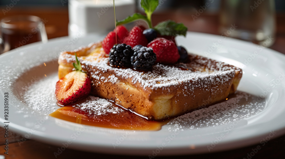a slice of French toast, dusted with powdered sugar and topped with fresh berries and a sprig of mint, served on a white plate with a side of maple syrup a slice of French toast, dusted with powdered sugar and topped with fresh berries and a sprig of mint, served on a white plate with a side of maple syrup