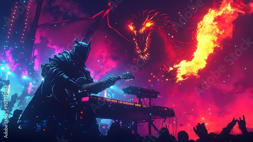 Gallant Medieval Knight Performing Heavy Metal Ballad as Colossal Dragon Looms Large