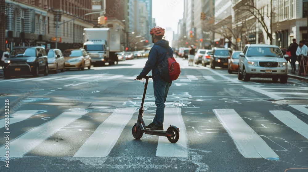 A person riding an electric scooter across a busy urban street, wearing a red helmet and backpack, surrounded by cars and city buildings in the background. A person riding an electric scooter across a busy urban street, wearing a red helmet and backpack, surrounded by cars and city buildings in the background.