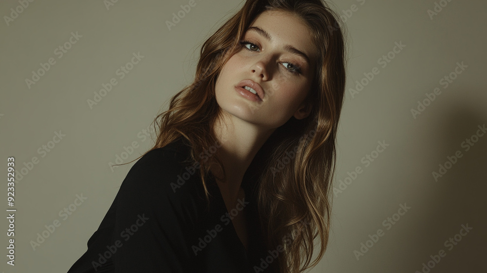 Fashionable female model posing confidently in a minimalist studio with soft lighting, natural beauty and a simple solid color background, perfect for high-end fashion photography and editorial work. Fashionable female model posing confidently in a minimalist studio with soft lighting, natural beauty and a simple solid color background, perfect for high-end fashion photography and editorial work.