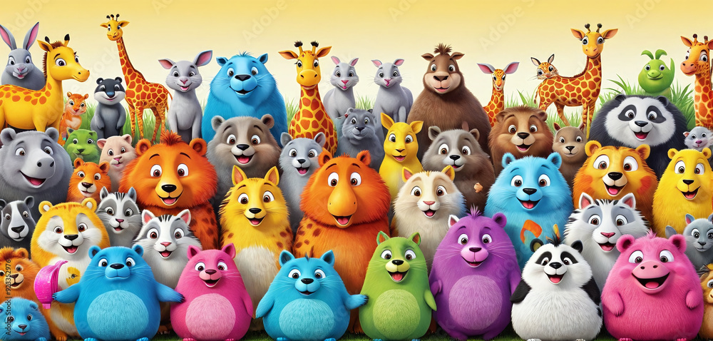 Illustrative childlike depiction of various cute and friendly animals from nature in bright colors Illustrative childlike depiction of various cute and friendly animals from nature in bright colors
