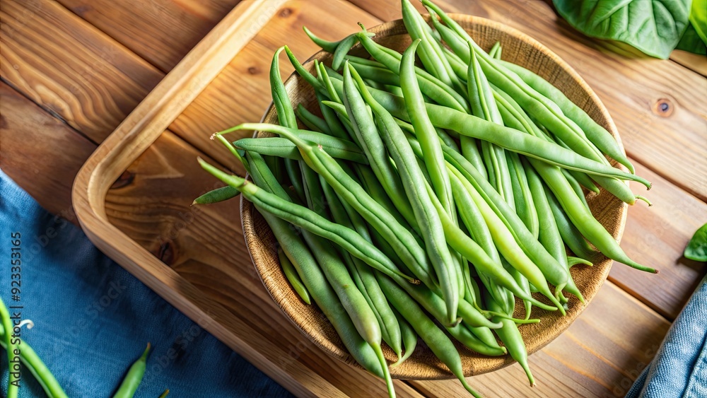 Freshly harvested French beans on light colour wooden table. Top view, French beans, harvest, fresh, organic, produce