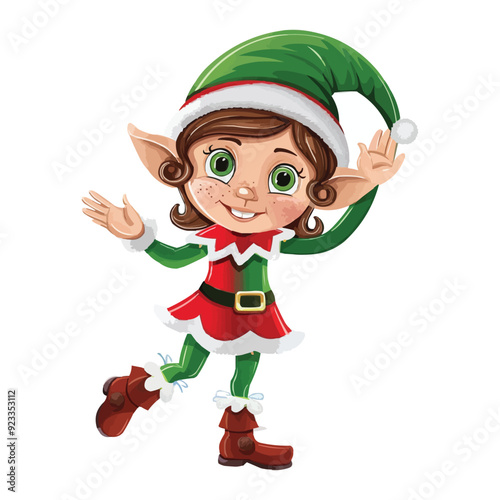 Cartoon christmas girl elf waving vector