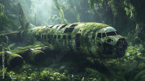 Fototapeta Naklejka Na Ścianę i Meble -  A crashed and abandoned plane in the jungle