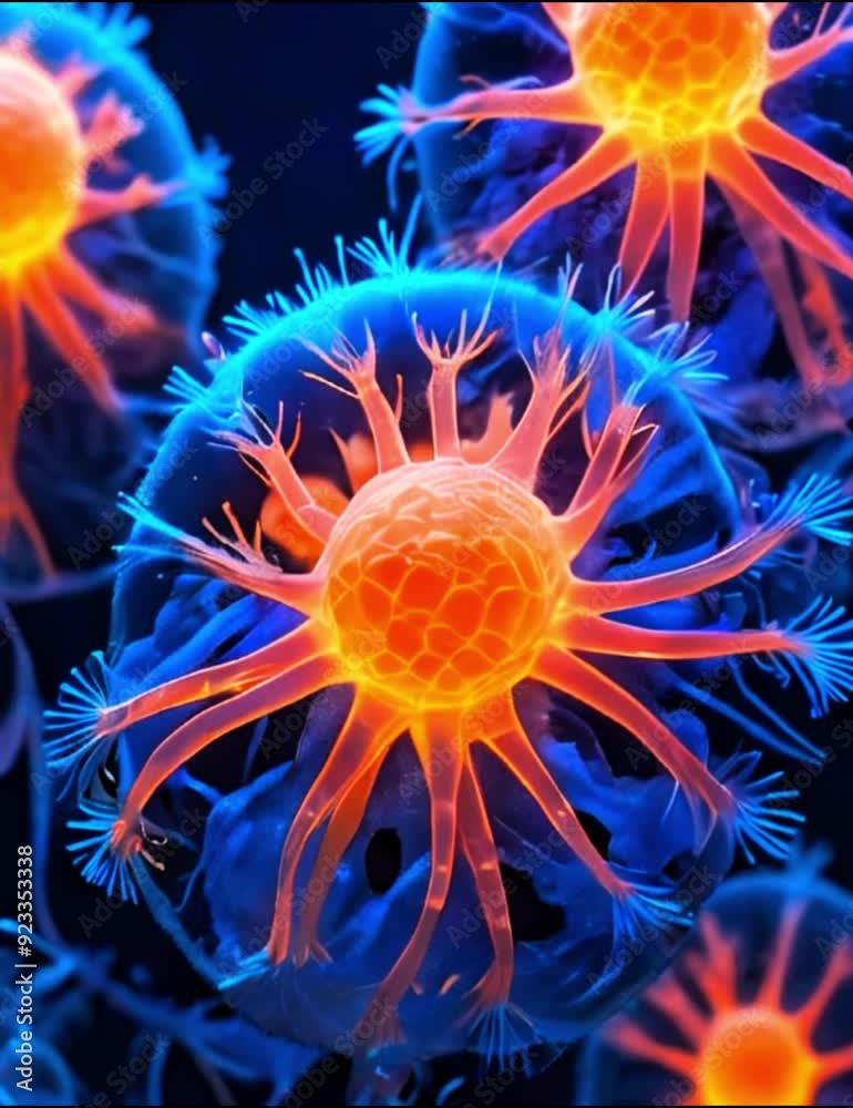 Red and yellow blue virus or bacteria cells, brain neurons 3d rendered movement making new connections Generative AI Red and yellow blue virus or bacteria cells, brain neurons 3d rendered movement making new connections Generative AI