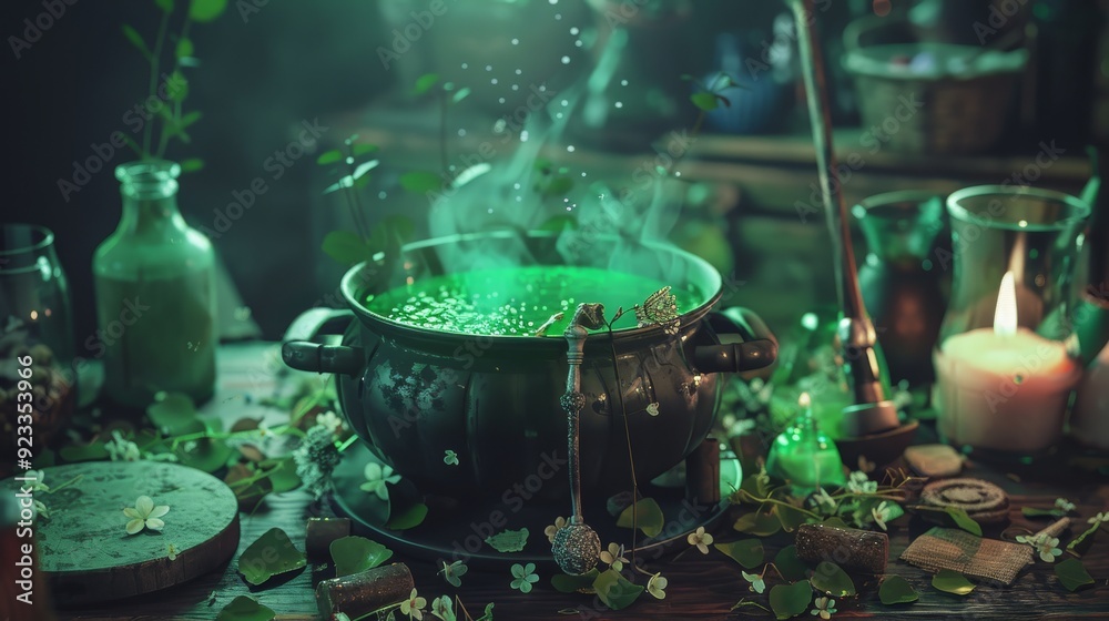 A mystical scene featuring a bubbling cauldron surrounded by glowing candles, herbs, and magical ingredients on an enchanted workbench.