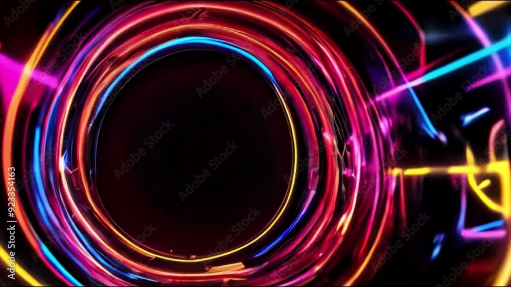 Abstract black background with glowing circles in neon RGB colors ...