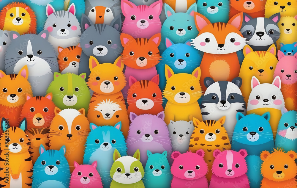 Illustrative childlike depiction of various cute and friendly animals from nature in bright colors Illustrative childlike depiction of various cute and friendly animals from nature in bright colors