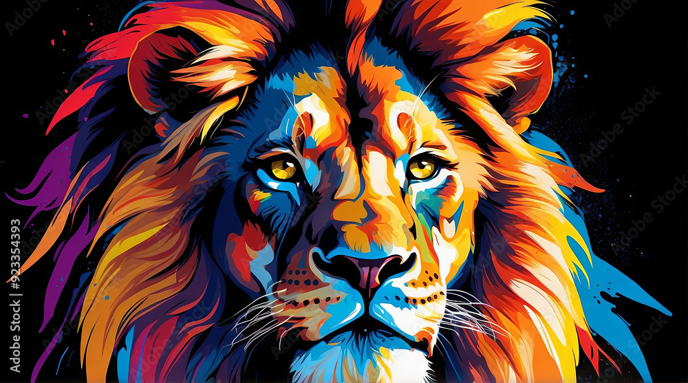 vibrant and dynamic digital artwork featuring the head of a lion