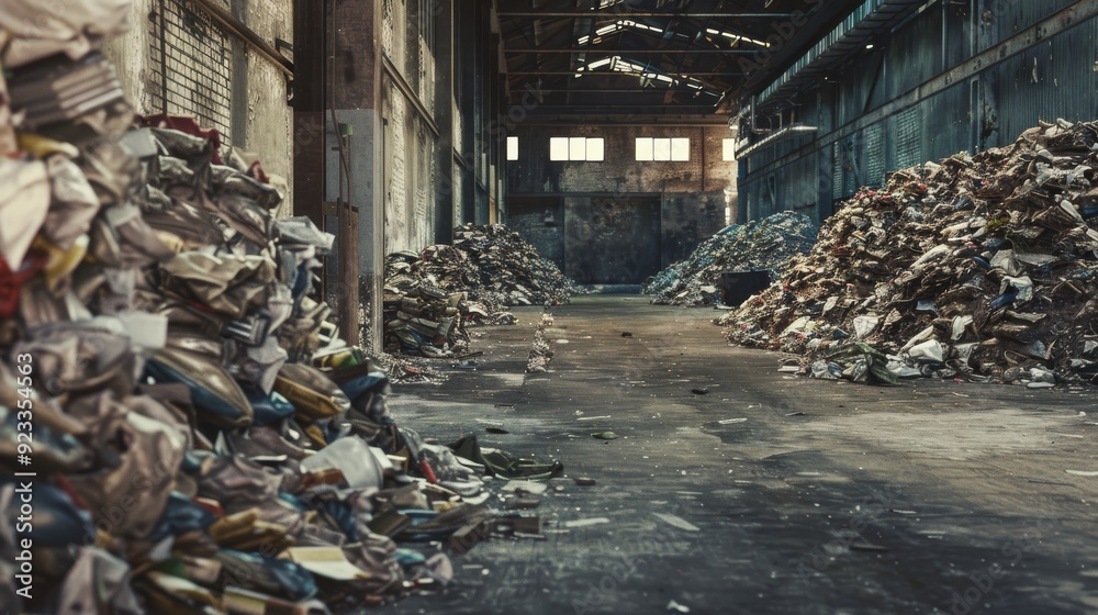 Stacks of discarded papers fill an abandoned warehouse, hinting at past productivity amidst the silent, decaying structure.