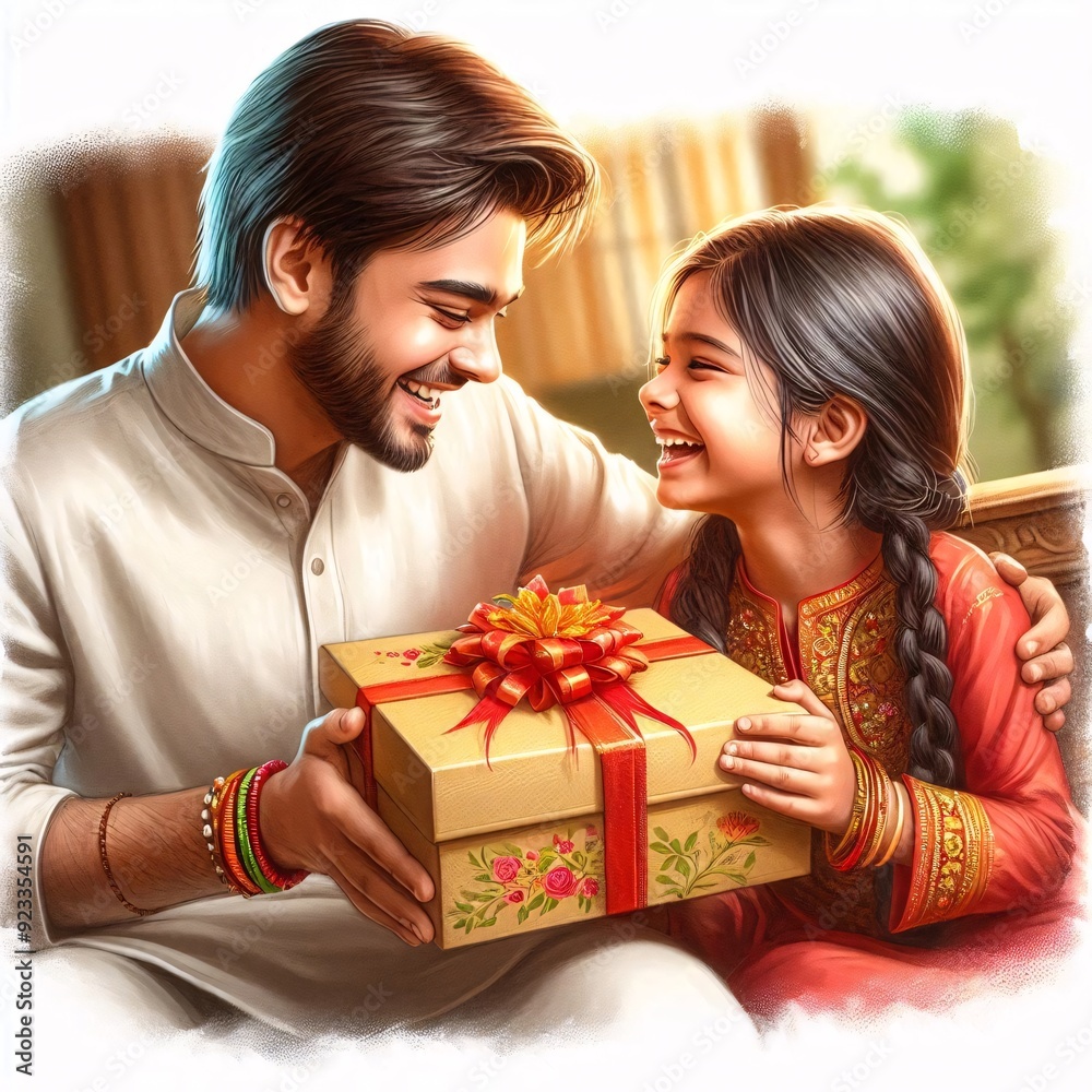 Watercolor Illustration of a Cheerful Indian Brother and Sister Exchanging a Gift Box During Raksha Bandhan—Capturing the Joyful Moment in Close-Up Watercolor Illustration of a Cheerful Indian Brother and Sister Exchanging a Gift Box During Raksha Bandhan—Capturing the Joyful Moment in Close-Up