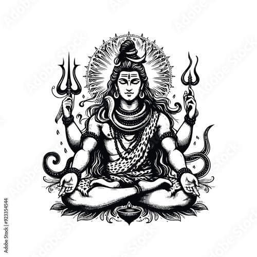 Lord Shiva illustration, hand drawn black and white Hindu God vector illustration isolated white background