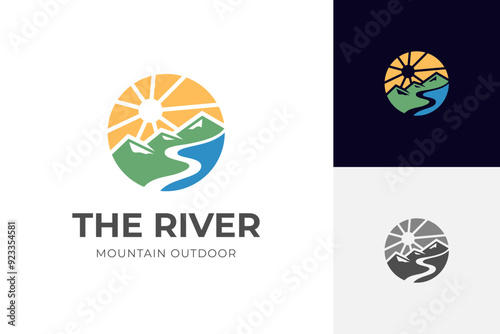 Mountain landscape with peak river creek vector logo template. mountain lake with sunrise view logo illustration
