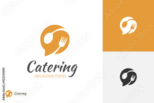 Online order food logo icon design with bubble chat concept for catering food, eatery vector logo template