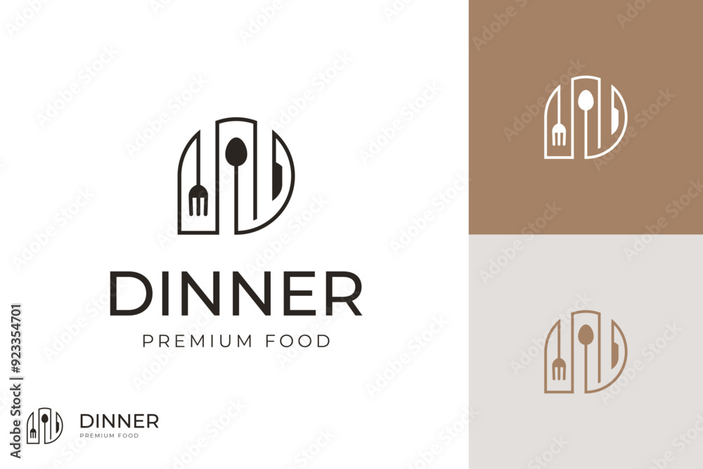 Obraz premium Diner or dinning logo icon design with cutlery line style concept for catering food, eatery vector logo template